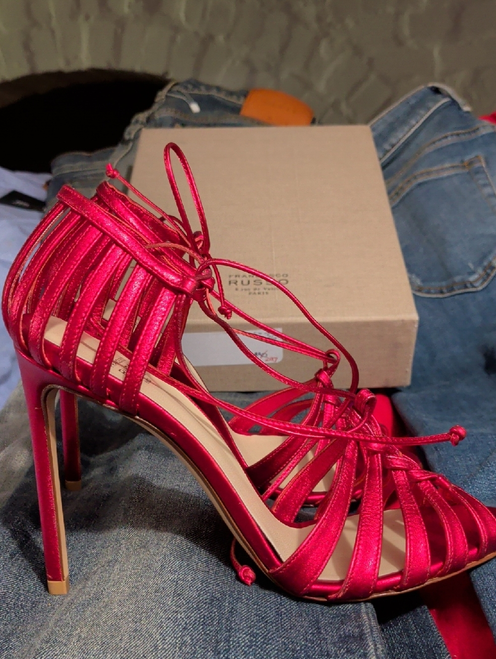 Nib $990 Strappy Satin High Heel Sandals - Red